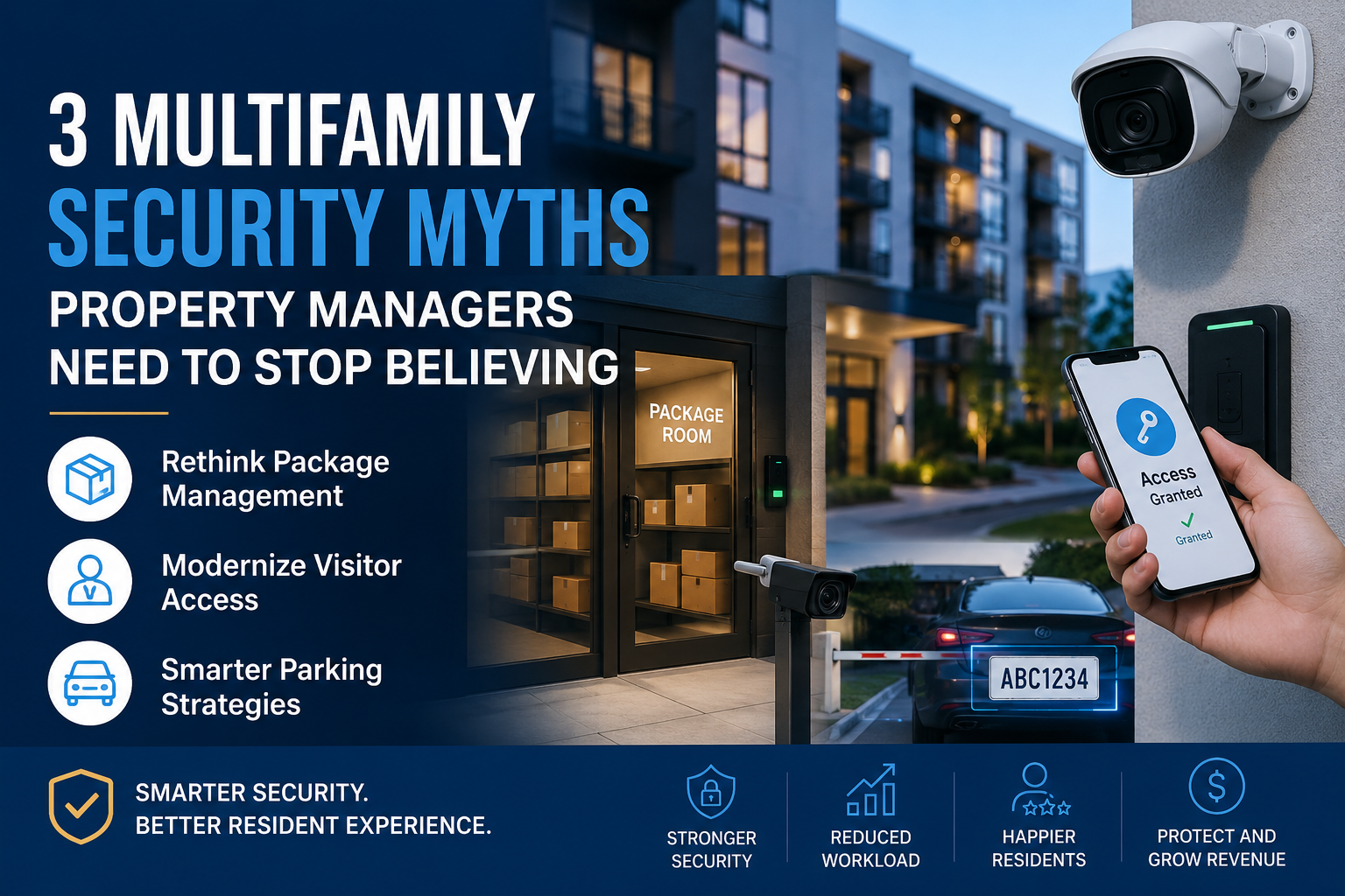 3 Multifamily Myths Modern multifamily apartment security featuring smart package rooms, mobile access control, surveillance cameras, and license plate recognition technology for property managers.