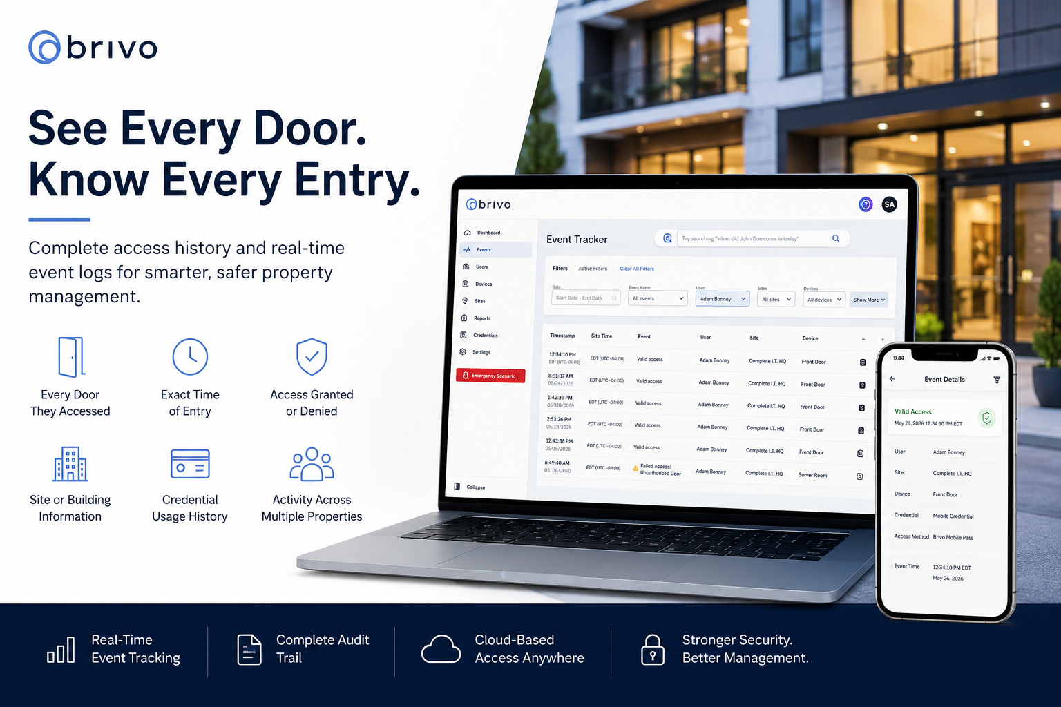 Brivo Access Control dashboard displaying real-time event tracking, door access history, and user activity logs for property managers managing commercial and multi-family properties.