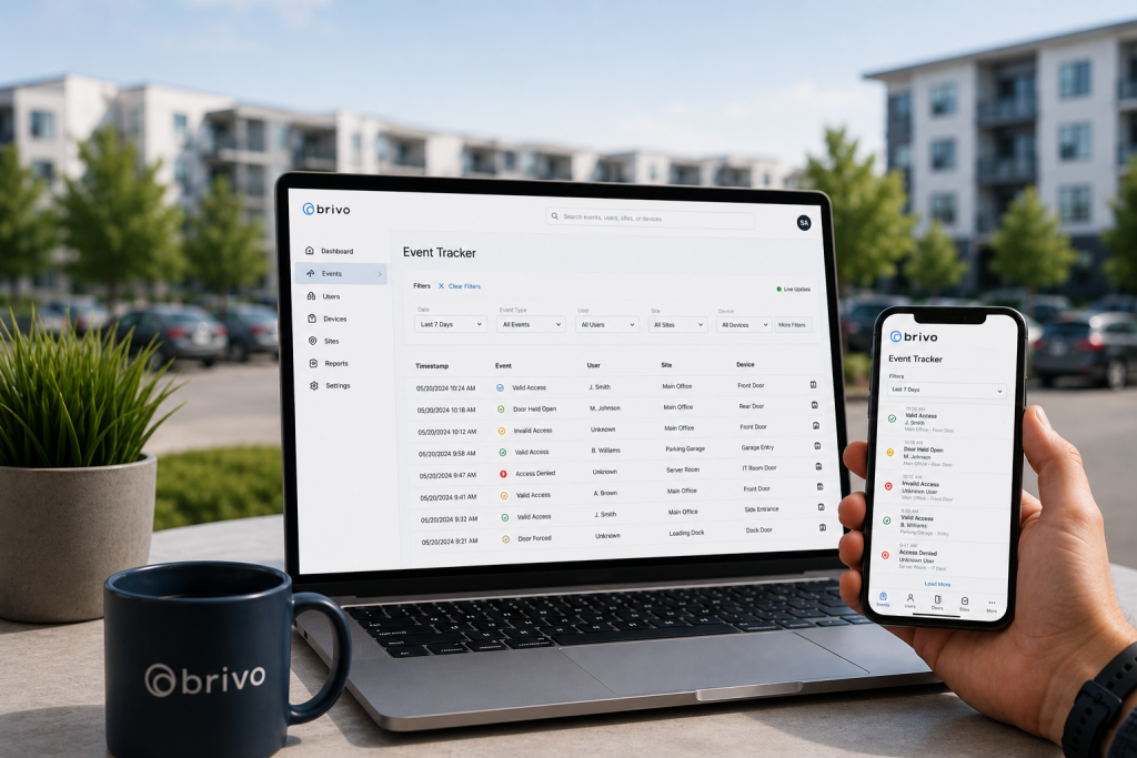 Property manager remotely monitoring Brivo access control activity logs from a laptop and mobile device outside an apartment community using cloud-based security management software.