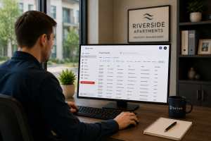 Property manager reviewing Brivo audit logs and access activity reports on a desktop computer in a modern apartment management office.