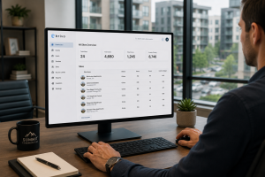 Property manager monitoring multiple apartment communities through Brivo access control software on a centralized desktop dashboard.
