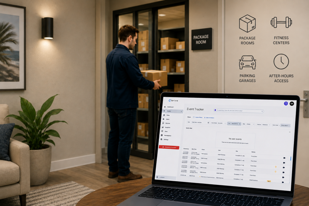 Property manager reviewing Brivo access activity logs on a laptop while monitoring package room access in a modern apartment community amenity space.