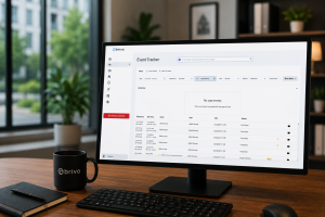 Desktop monitor displaying Brivo Event Tracker activity logs and access control reporting software in a modern property management office.