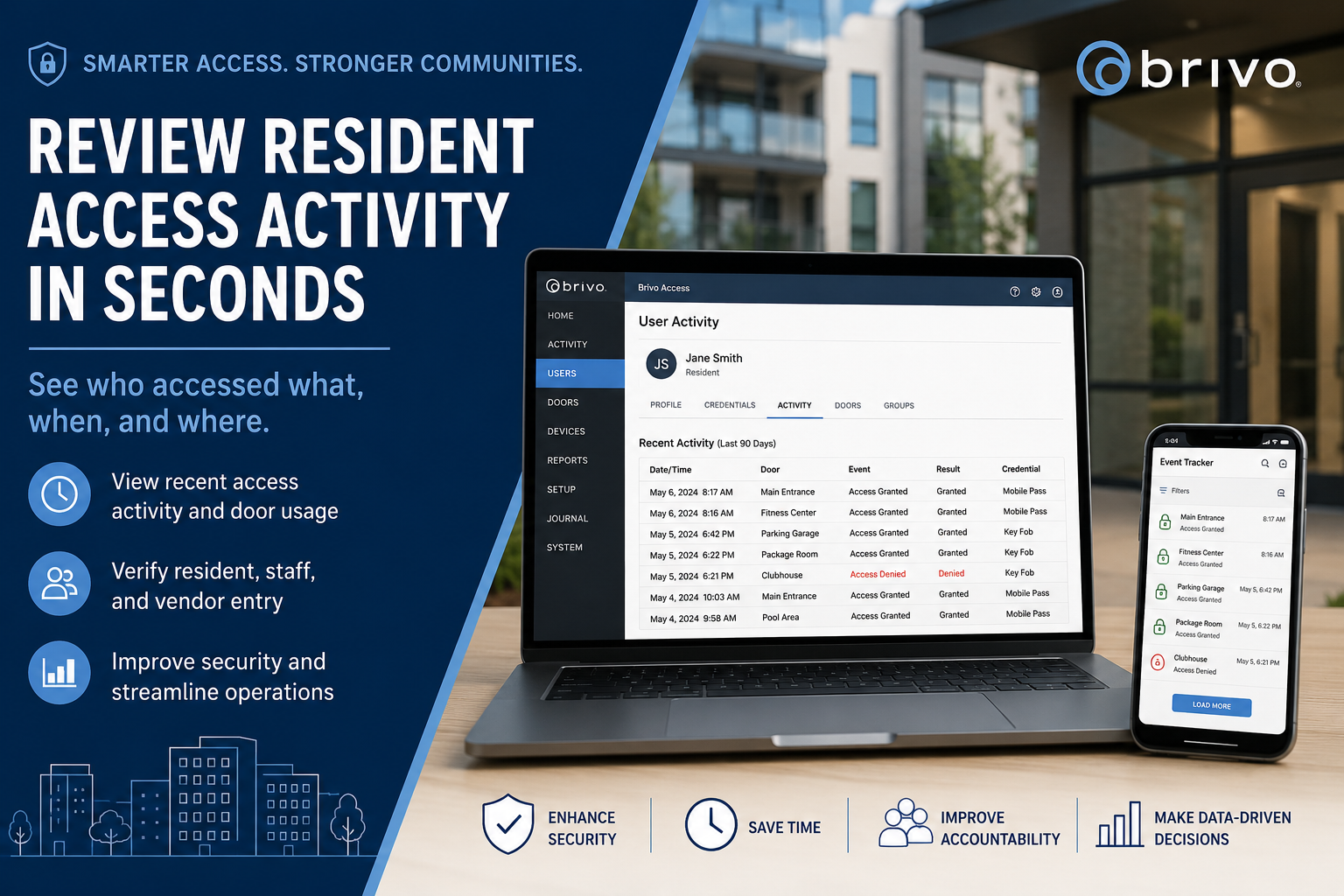 Brivo Resident Access Property manager reviewing resident access activity logs and door access history using a cloud-based access control system for multifamily communities.