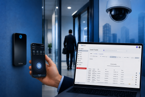 Property manager using Brivo mobile access control and event tracking software to monitor secure building entry activity in a commercial office environment.