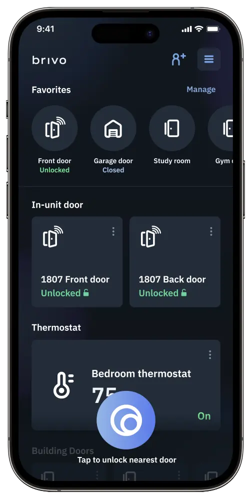 Brivo smart apartment mobile app showing unlocked front and back doors, thermostat controls, and smart access management for apartment security and rekeying solutions.