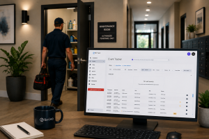 Property manager monitoring vendor and contractor activity through Brivo access control software while a maintenance worker enters a restricted maintenance room in an apartment community.