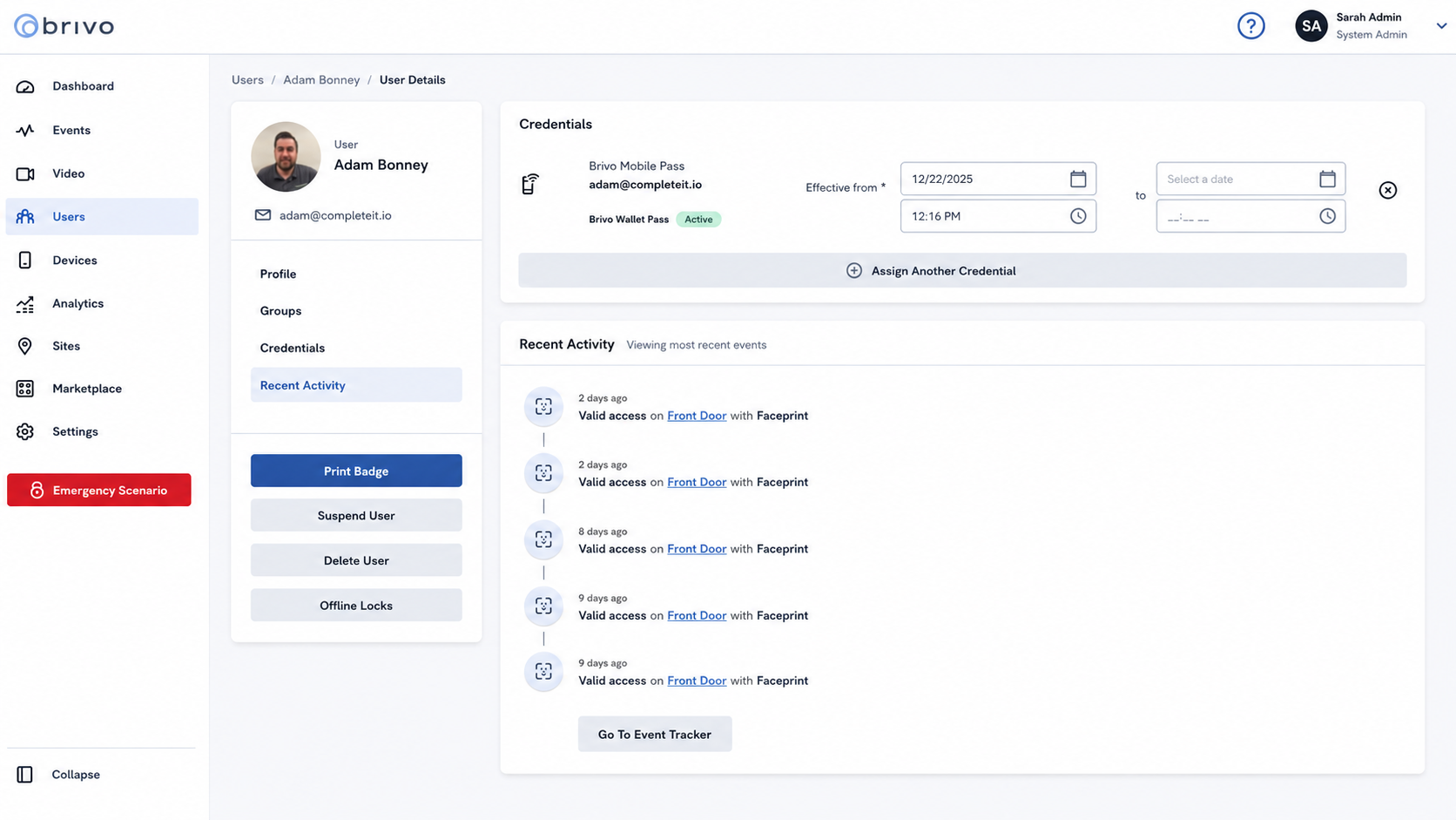 Brivo Access Control user activity dashboard showing detailed access history, door entry logs, timestamps, credential usage, and recent activity tracking for property managers.