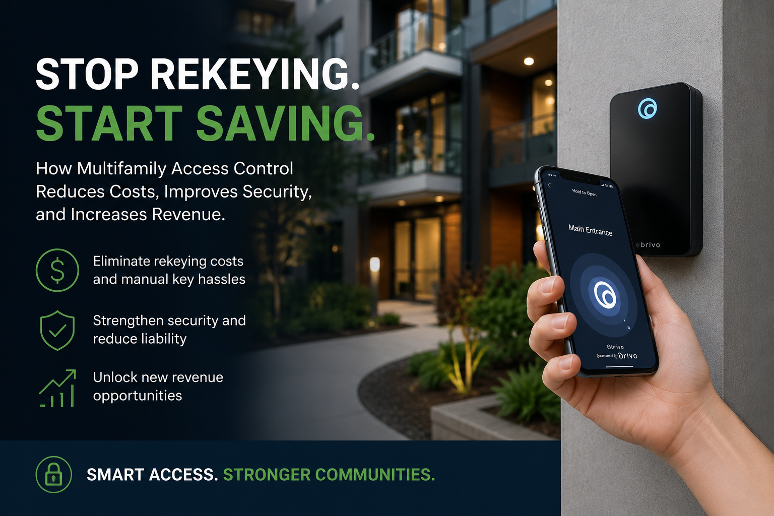 Person using a smartphone with mobile credentials to unlock a smart access control reader outside a modern multifamily apartment community.