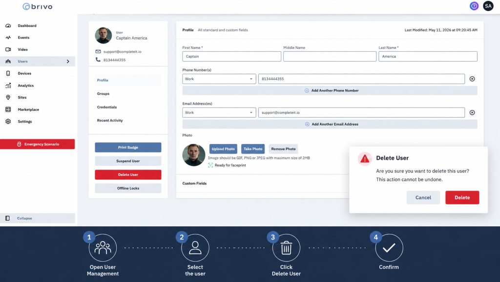 Brivo access control system interface showing how administrators can quickly delete users, revoke building access permissions, and remove credentials through the cloud-based user management dashboard.