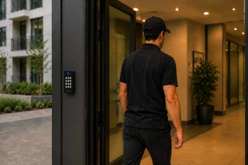 A man dressed in black walks through an open glass entry door into a modern apartment building lobby, while a small Brivo keypad access reader is mounted beside the entrance.