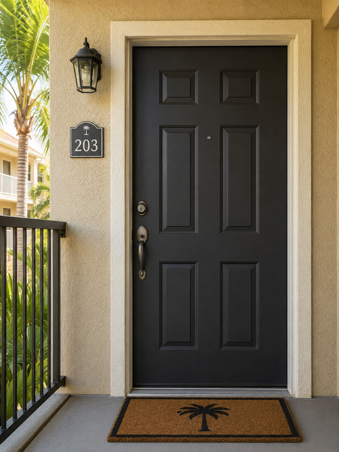 Exterior front door of a Florida apartment with a traditional single-cylinder deadbolt lock and handle set, featuring a black six-panel door, tropical landscaping, and modern apartment entryway design.