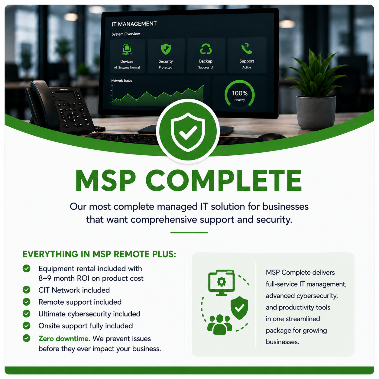 Promotional graphic for “MSP Complete,” a managed IT services package. The image features a computer monitor displaying an IT management dashboard with icons for devices, security, backup, and support, alongside a green shield security emblem. Text highlights included services such as cybersecurity, remote and onsite support, equipment rental, and network management for businesses.