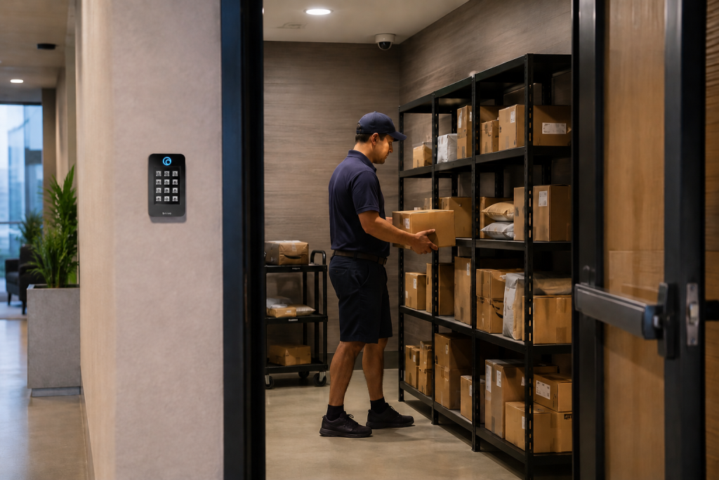 Delivery driver placing packages inside a secure smart package room in a modern multifamily apartment building, with access control keypad and monitored shelving system.
