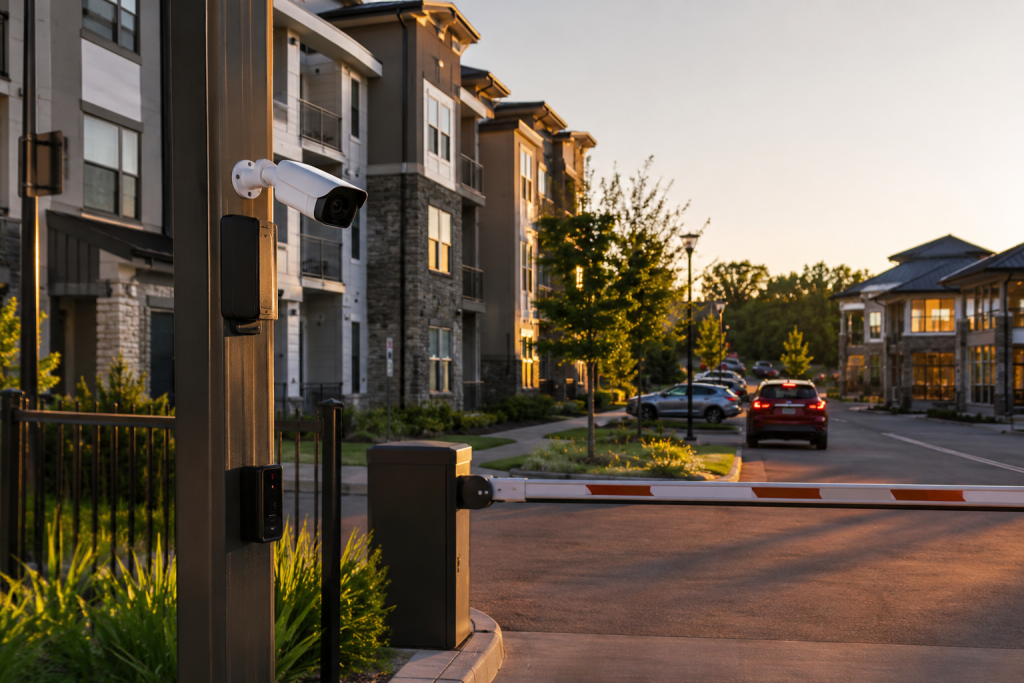 Modern apartment complex entrance at golden hour featuring a gated parking access system with an AI-powered security camera mounted on the entry post, landscaped surroundings, and resident vehicles entering the property.