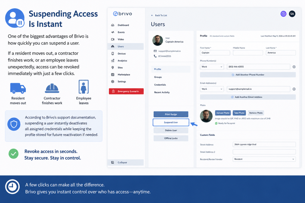 Brivo access control system interface showing how administrators can instantly suspend user access, deactivate credentials, and manage resident, employee, and contractor permissions from a centralized cloud-based dashboard.