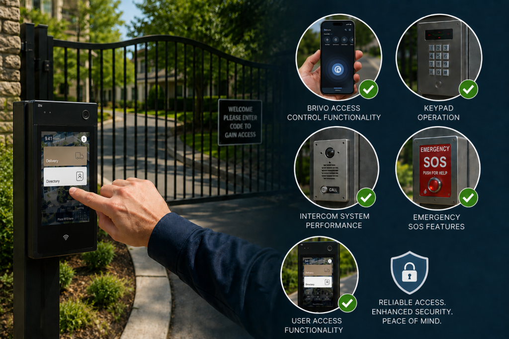 Access control system testing at a gated community entrance, featuring touchscreen visitor management, keypad entry, intercom communication, mobile access credentials, emergency SOS functionality, and secure gate access control verification.