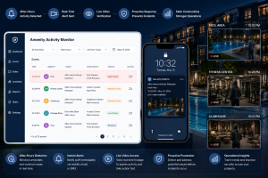 After-hours amenity monitoring platform detecting activity at apartment community pools, fitness centers, and clubhouses with real-time alerts, live video verification, and proactive security notifications.