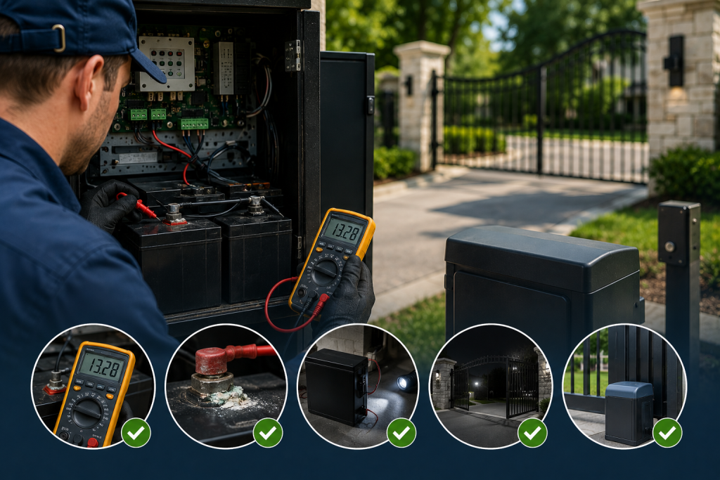 Technician testing automatic gate battery backup system with a multimeter to verify battery voltage, backup power operation, and reliable gate functionality during power outages.