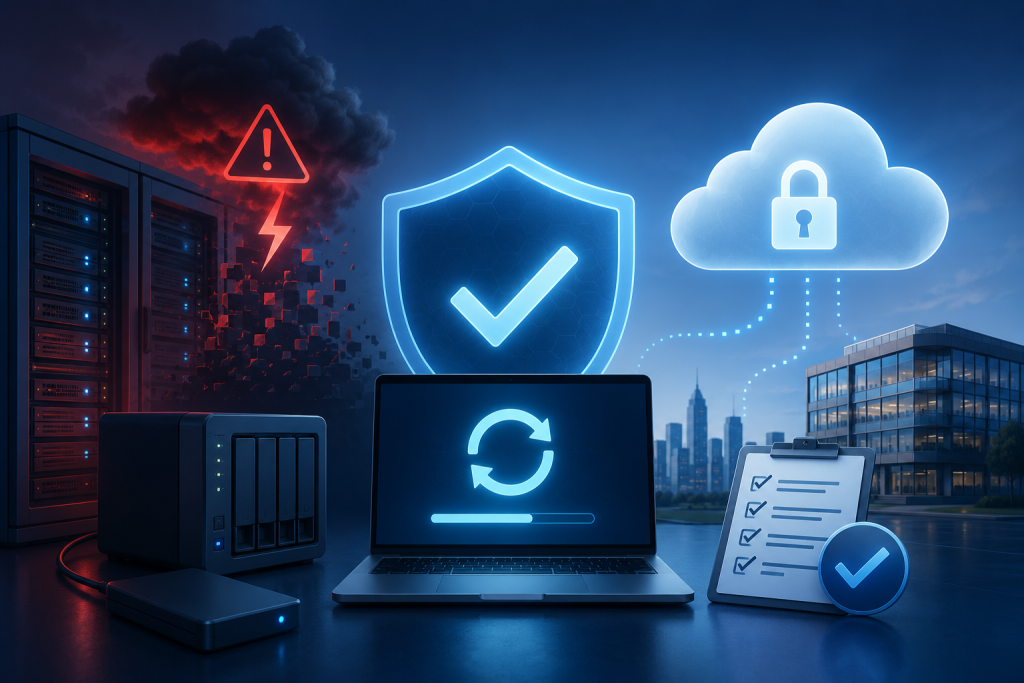 Backup and disaster recovery concept showing secure cloud backup, data protection shield, automated recovery systems, and business continuity planning for cybersecurity and IT resilience.