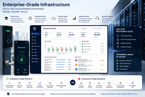 Enterprise-grade multifamily access control platform with centralized security management, cloud infrastructure, high-volume user support, and scalable property security operations across large residential portfolios.