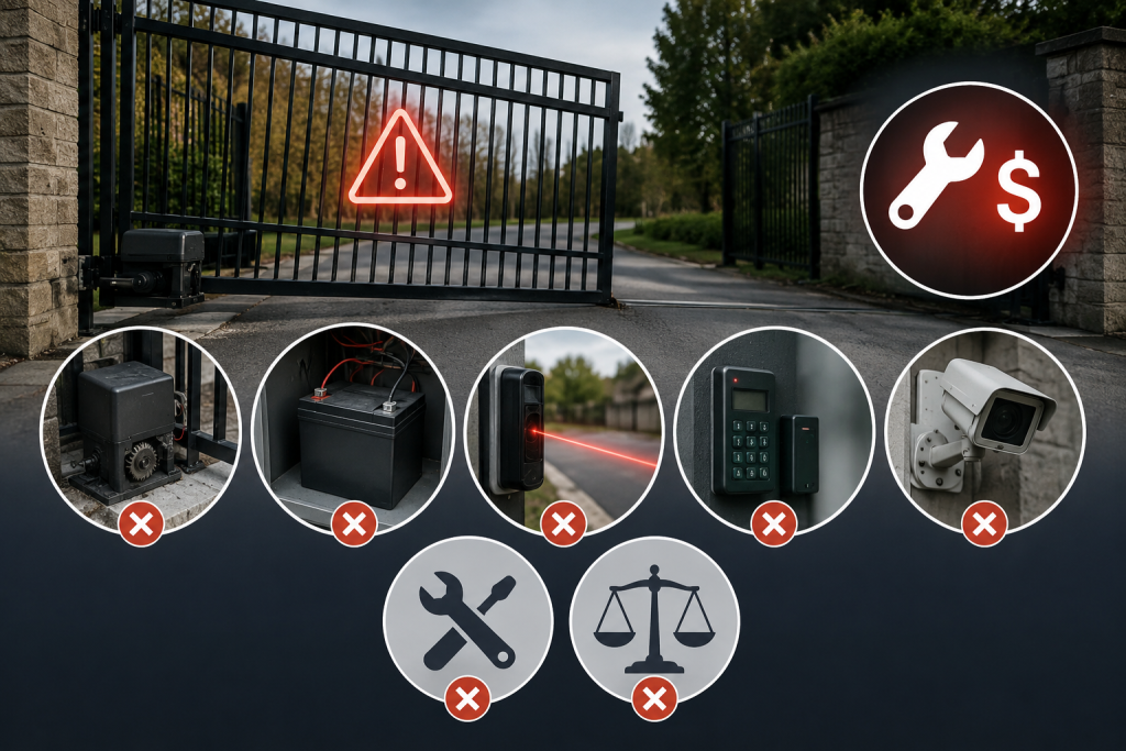 Automatic gate system experiencing multiple maintenance issues, including gate operator failure, battery backup problems, safety sensor malfunctions, access control errors, and security camera failures.