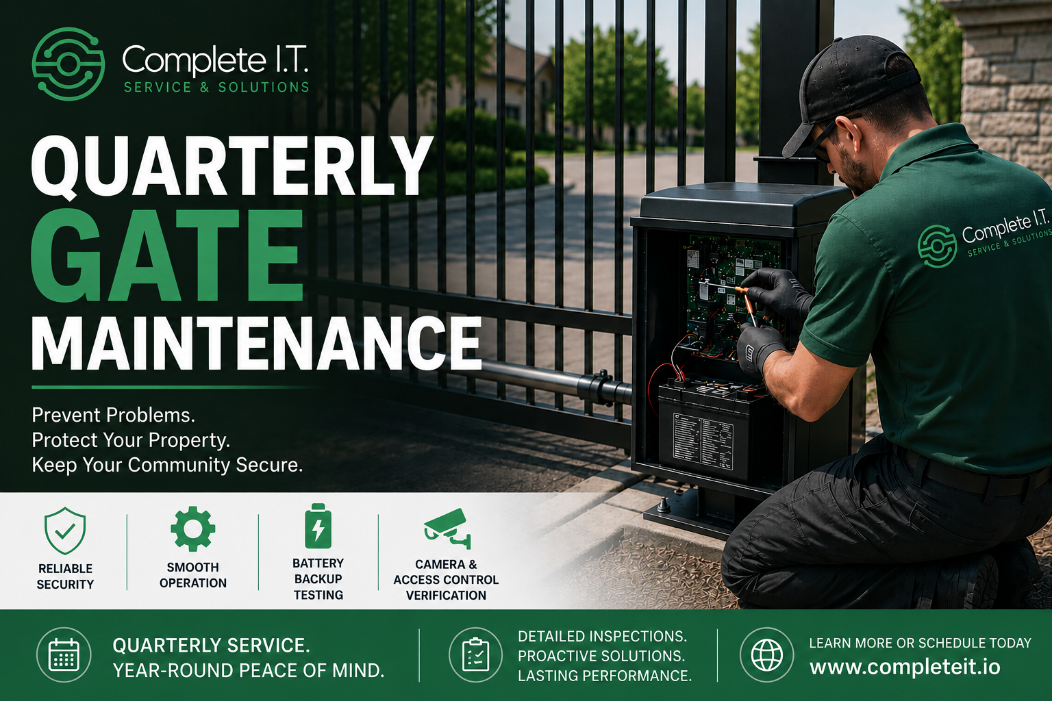 Professional technician performing quarterly gate maintenance on an automated gate operator at a gated community, inspecting access control equipment, battery backup systems, and security gate components.