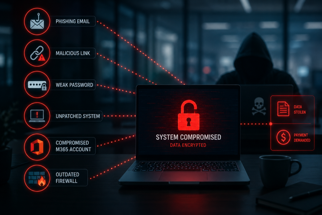 Cybersecurity attack illustration showing a hacker gaining network access through phishing emails, weak passwords, compromised Microsoft 365 accounts, and unpatched systems, leading to ransomware, data theft, and business disruption.