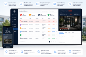 Security incident review dashboard displaying door-propped-open alerts, forced-entry events, access control incidents, and associated video footage for proactive risk management and claims prevention.
