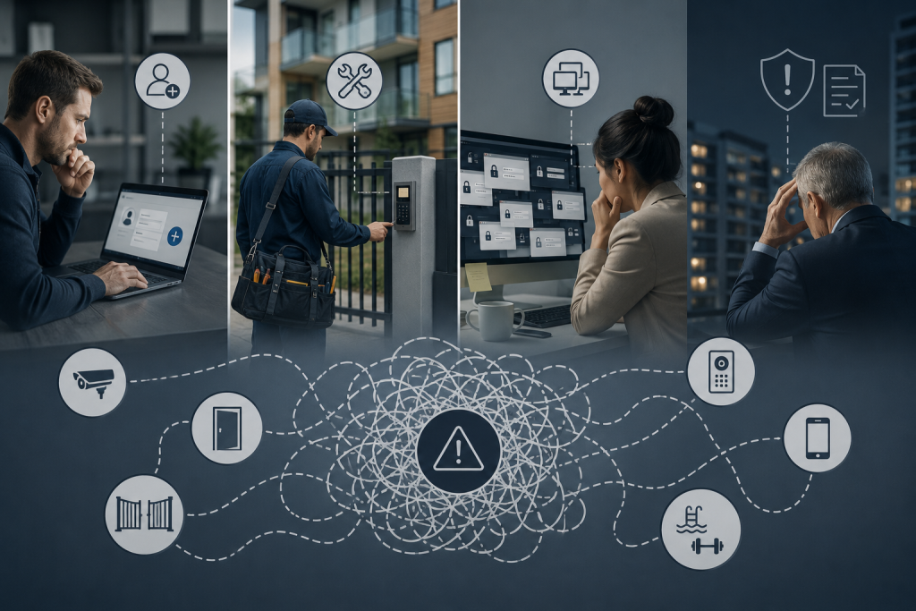Property management professionals navigating disconnected access control, security, and building management systems across multifamily properties, illustrating operational inefficiencies, manual workflows, and increased security risks.