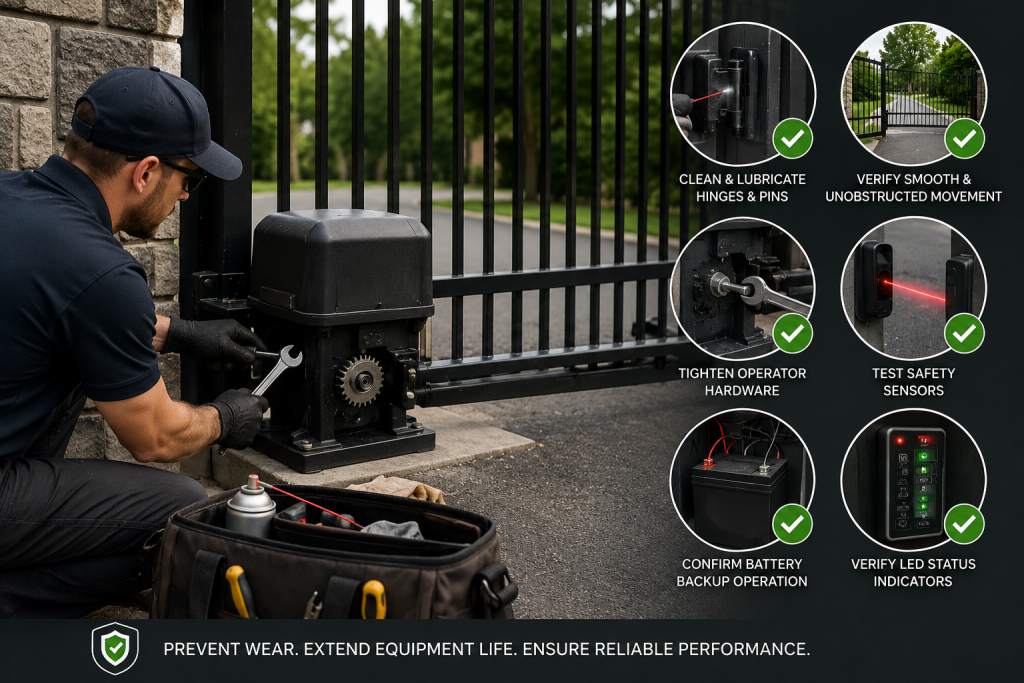 Technician performing preventative maintenance on an automatic gate operator, including gate hardware inspection, safety sensor testing, battery backup verification, and gate system performance checks.