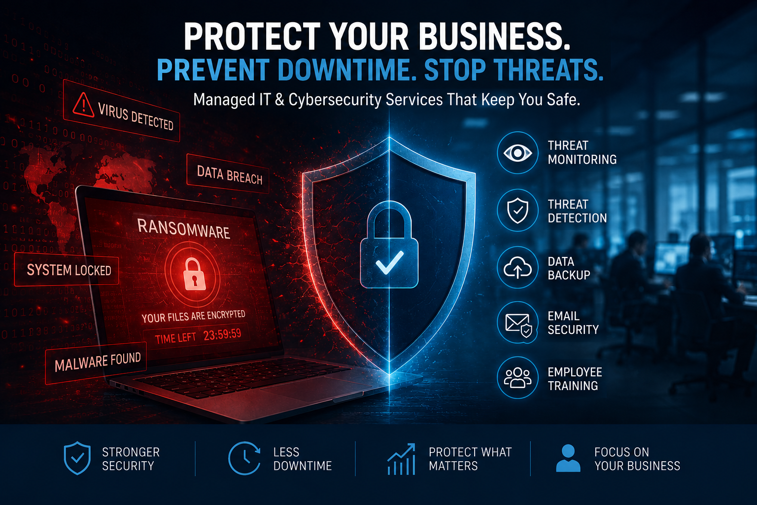 Business ransomware protection and cybersecurity services by Complete I.T., featuring managed IT security, threat detection, data backup, email security, and ransomware prevention for small businesses.