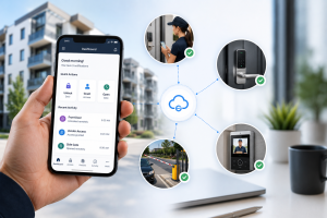 Property manager remotely controlling doors, gates, locks, and visitor access from a smartphone using a cloud-based access control platform for multifamily communities.