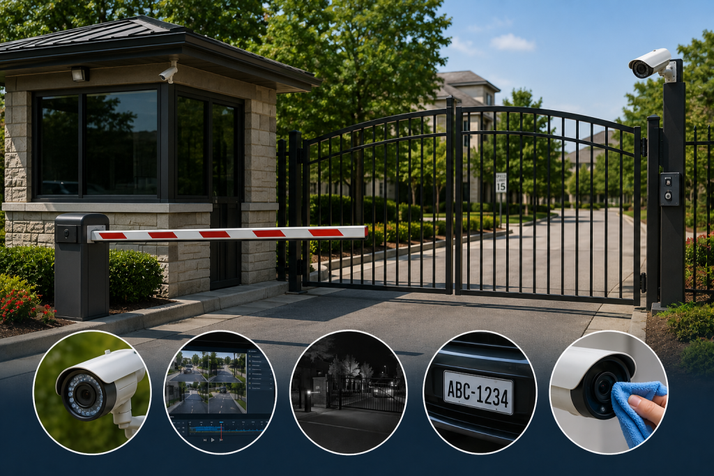 Guard shack entrance with automatic security gate, surveillance cameras, license plate recognition (LPR) technology, and gate security monitoring systems undergoing inspection and maintenance.