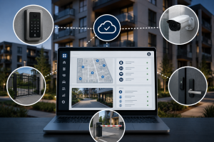 Unified property access control platform displaying doors, gates, cameras, and building security systems managed from a single cloud-based dashboard for multifamily communities.