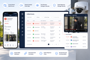 Unified video surveillance and access control platform displaying access denied events automatically linked to corresponding security camera footage for faster incident investigation and response.