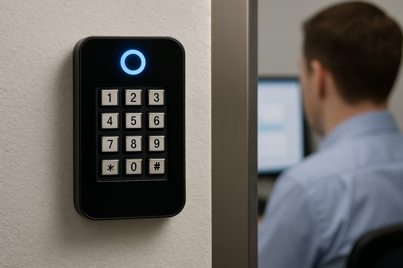 Office employee using a smartphone app to unlock the door, demonstrating Brivo access control in practice.