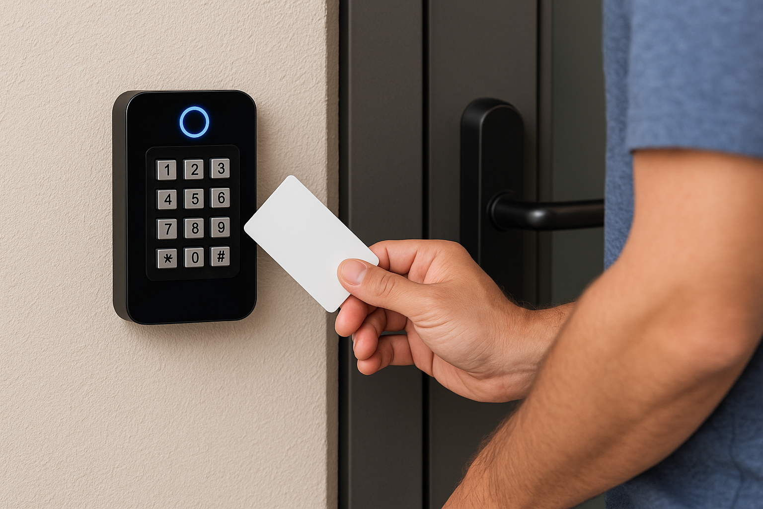 Office worker using smartphone to access secure building, highlighting Brivo access control technology.