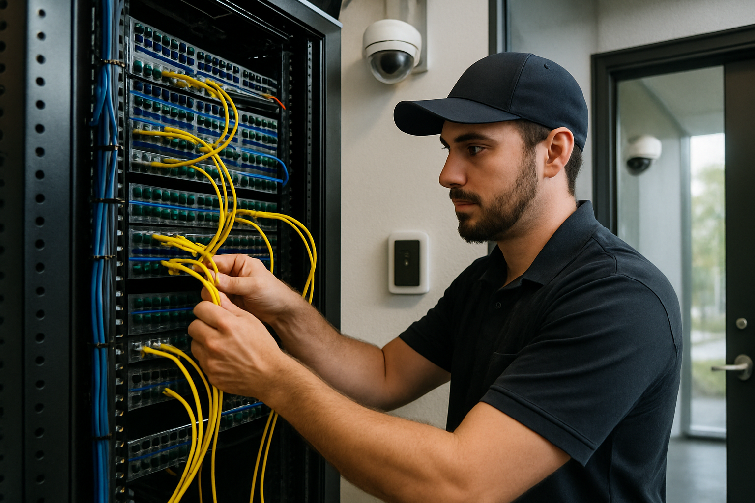 IT professional working on multiple computer screens in a modern office, showcasing IT services efficiency.