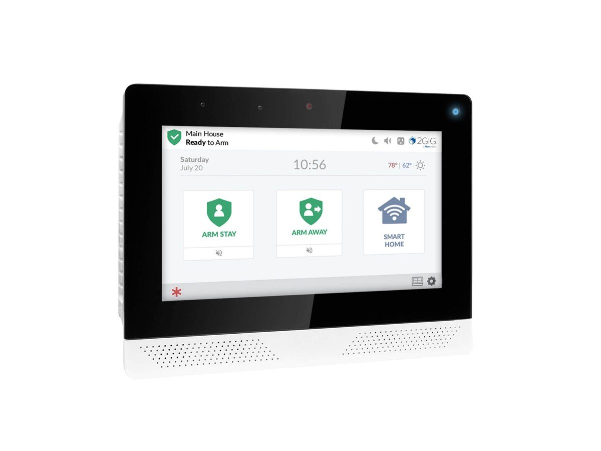 2GIG EDGE touchscreen alarm panel showing arm stay and arm away buttons
