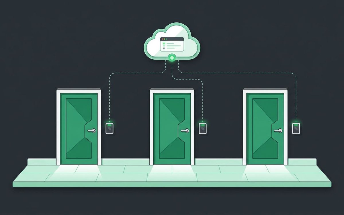 Illustration of three doors with card readers connected to a cloud dashboard