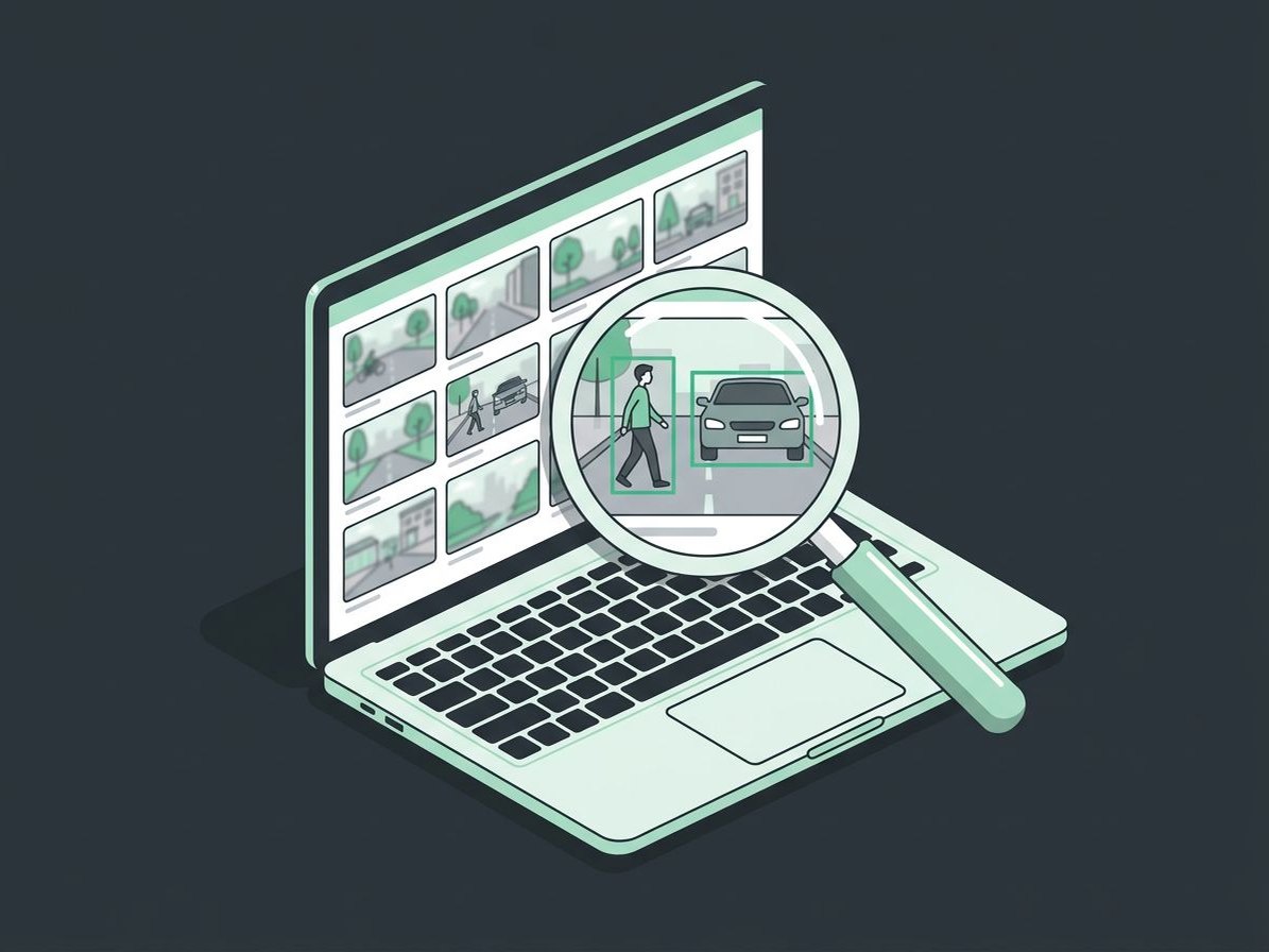 Illustration of a laptop with video thumbnails and a magnifying glass highlighting a person and a car