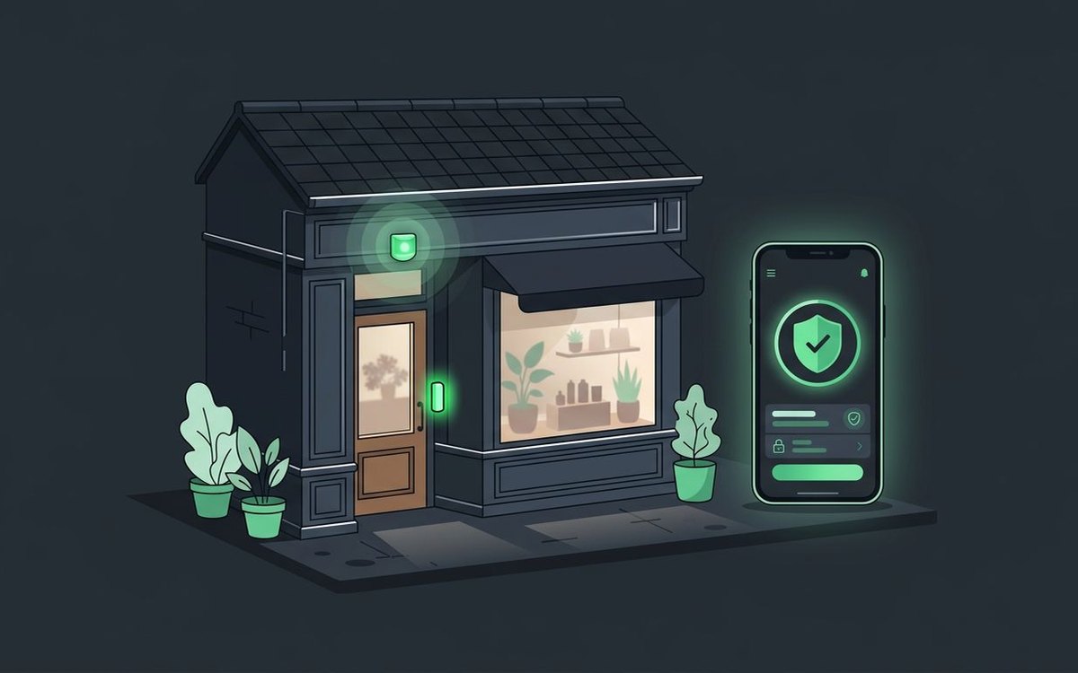 Illustration of a storefront with door and motion sensors and a phone showing an armed status