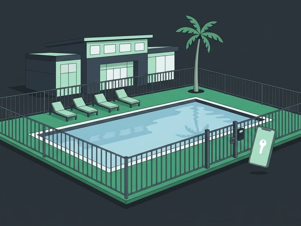 Illustration of a community pool gate with a card reader and a phone used as a key, with a clubhouse behind it