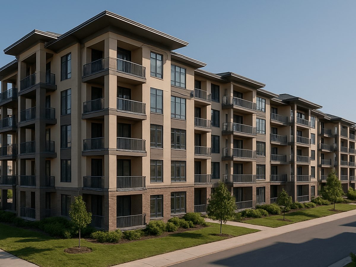 Four-story apartment building with balconies on a clear day