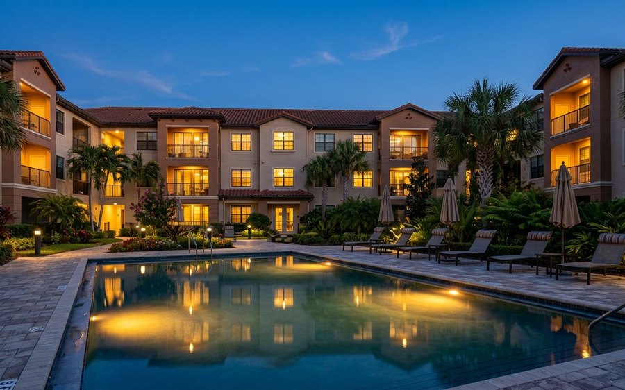Florida apartment complex courtyard with a lit pool at dusk