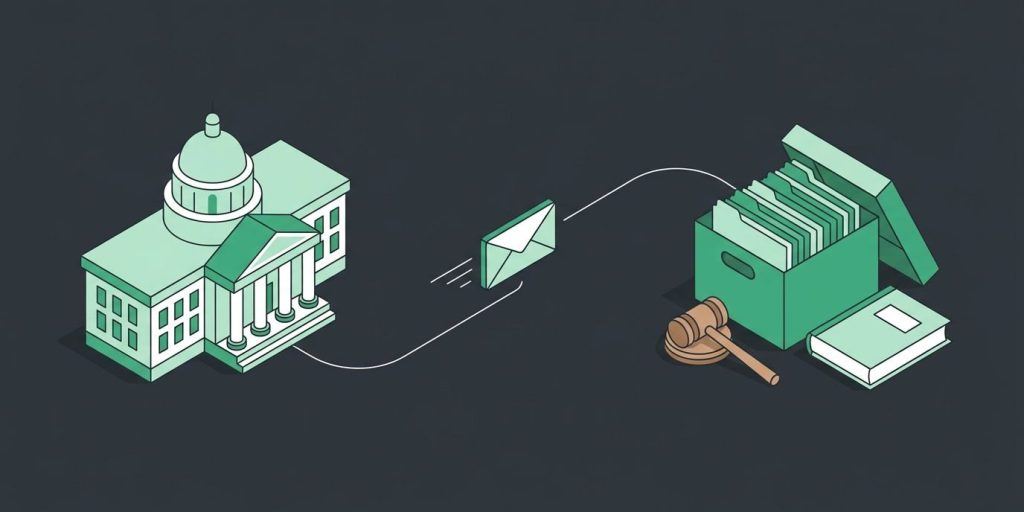 Are Your CDD Emails Compliant with Florida Public Records Law? cover illustration Illustration: a city hall sending an email into a public-records archive box beside a gavel and a law book