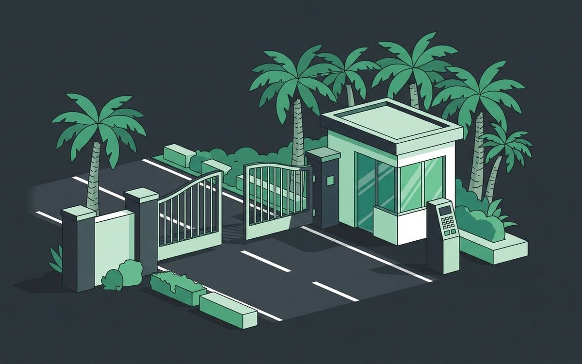 Illustration of a community entrance with an automatic swing gate, a gatehouse, a keypad post, and palm trees