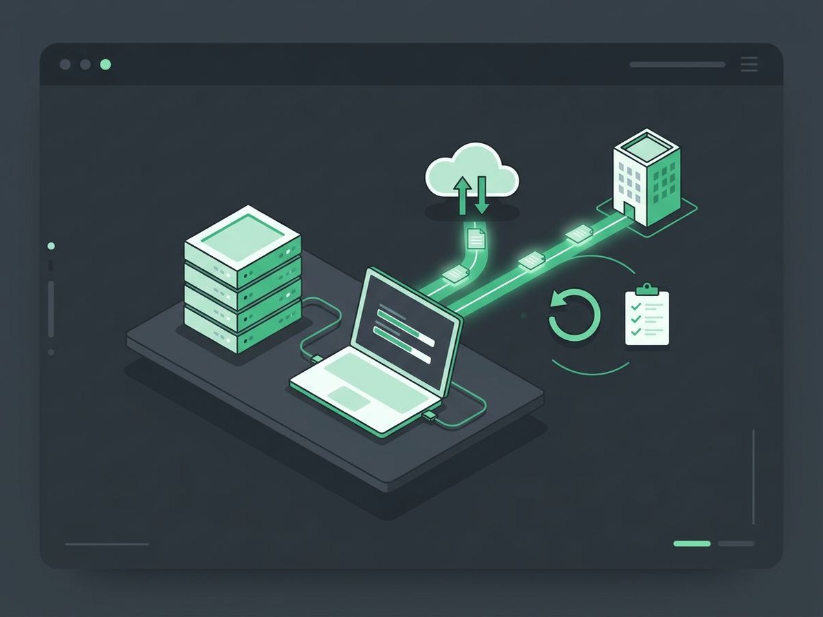Illustration of an office server and laptop copying data to the cloud and an off-site building, with a restore arrow