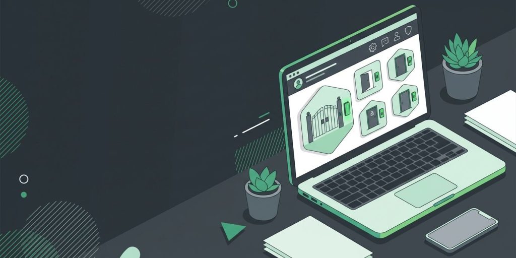Brivo Access Control: Smart, Simple, and Scalable Security for Property Managers cover illustration Illustration: a property manager's laptop showing a door dashboard, linked to several apartment building doors and a gate